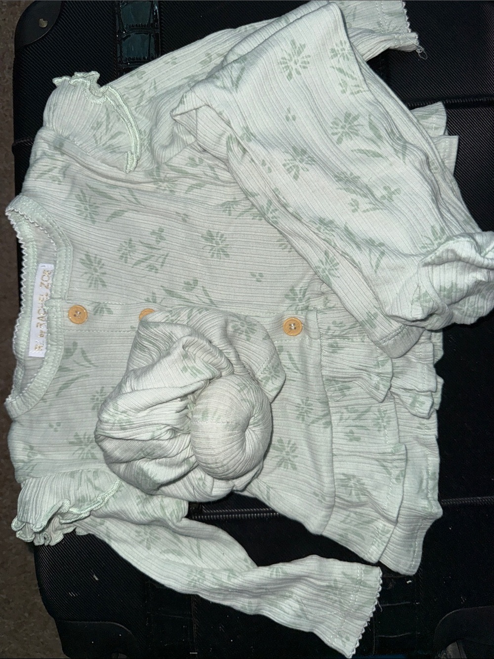 Rachel Zoe Light Green Floral Ribbed Baby Top & bottom with Matching Headband